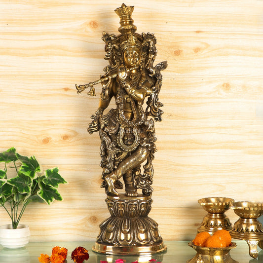 Divine Krishna Statue | Handcrafted in Fine Brass | Charcoal finish 24 inch