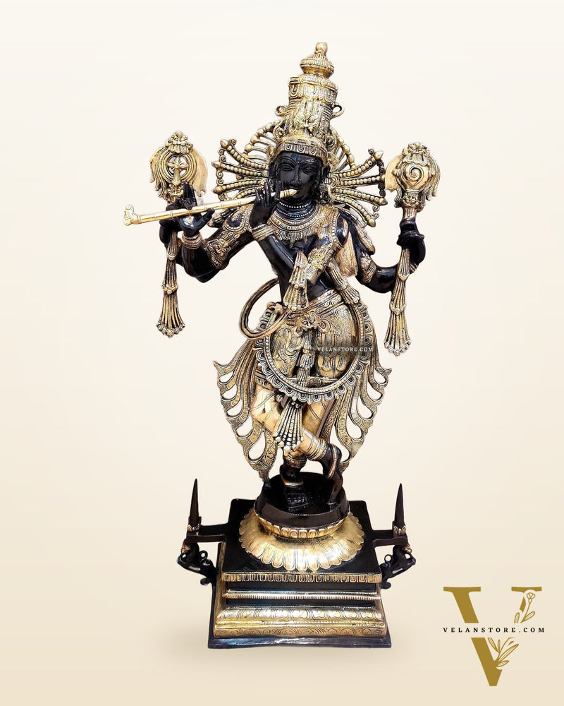 Divine Krishna Statue in Brass - Black and Golden Finish, 41" Tall