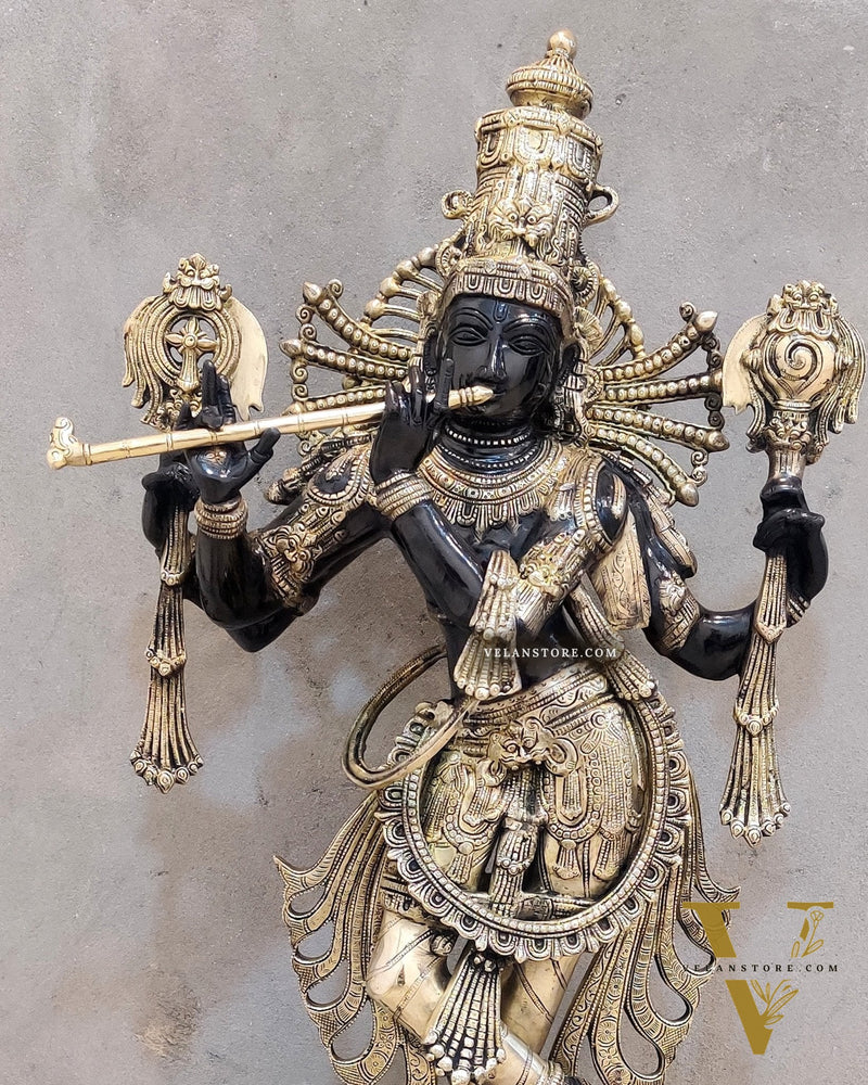 Divine Krishna Statue in Brass - Black and Golden Finish, 41" Tall