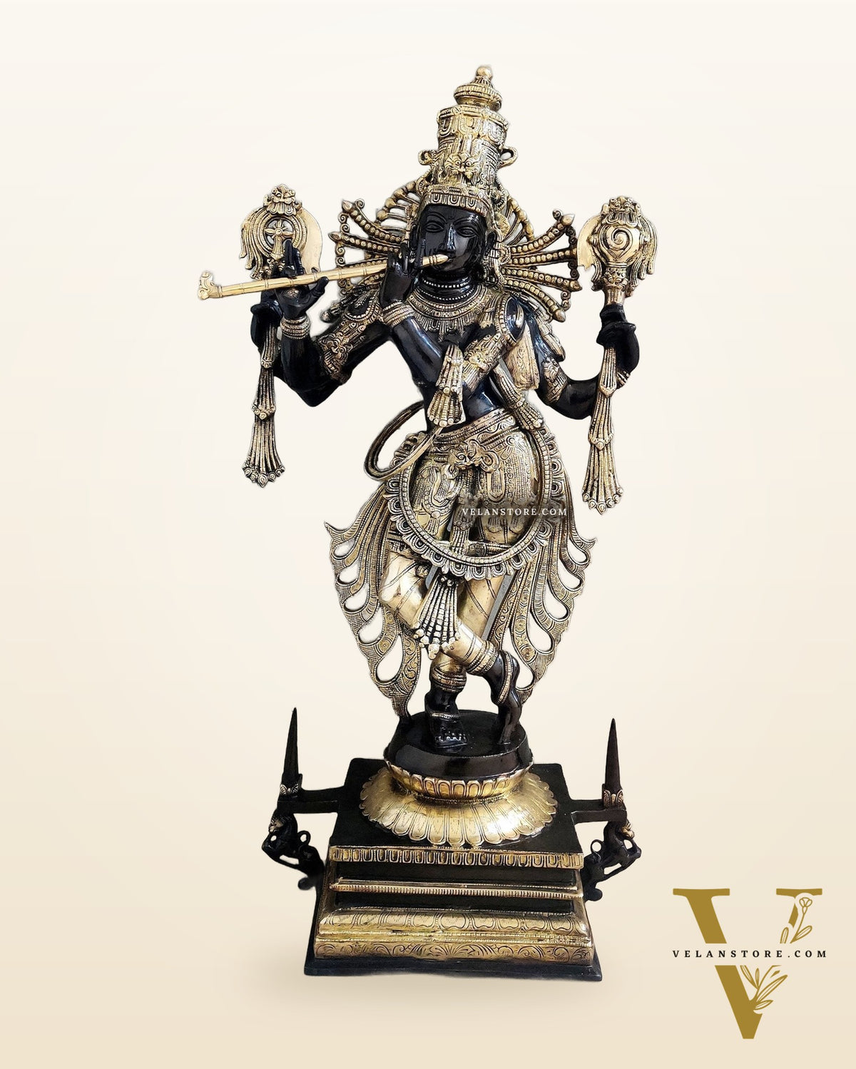 Divine Krishna Statue in Brass - Black and Golden Finish, 41" Tall
