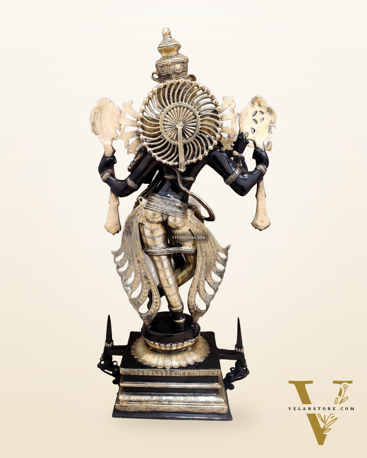 Divine Krishna Statue in Brass - Black and Golden Finish, 41" Tall