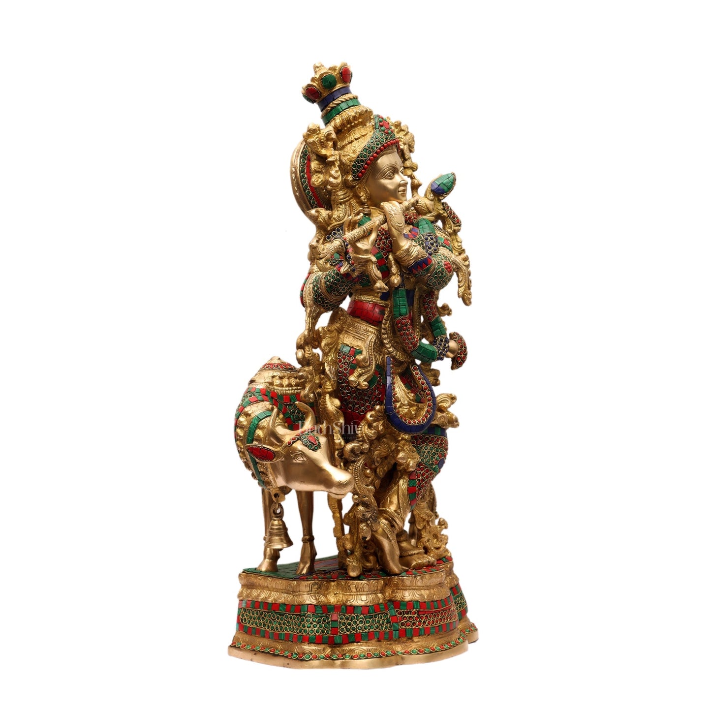 Exquisite Brass Krishna with Cow Idol - Meenakari, 26.5" Tall, 26kg