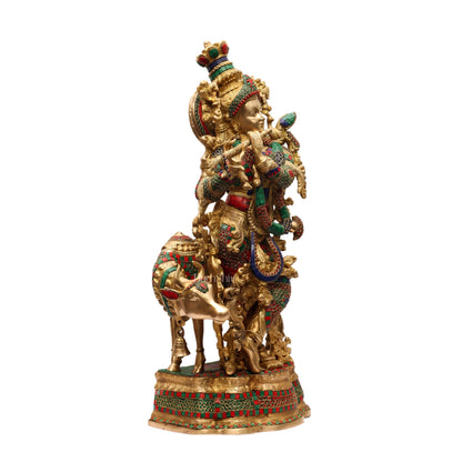 Exquisite Brass Krishna with Cow Idol - Meenakari, 26.5" Tall, 26kg