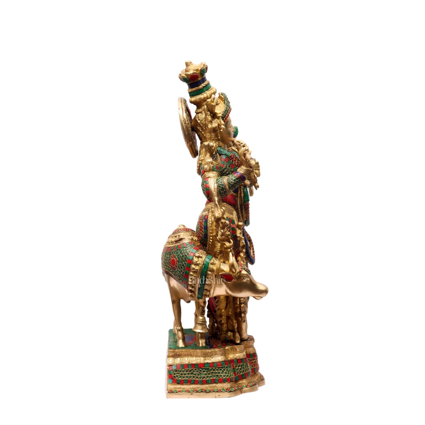 Exquisite Brass Krishna with Cow Idol - Meenakari, 26.5" Tall, 26kg
