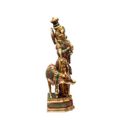 Exquisite Brass Krishna with Cow Idol - Meenakari, 26.5" Tall, 26kg