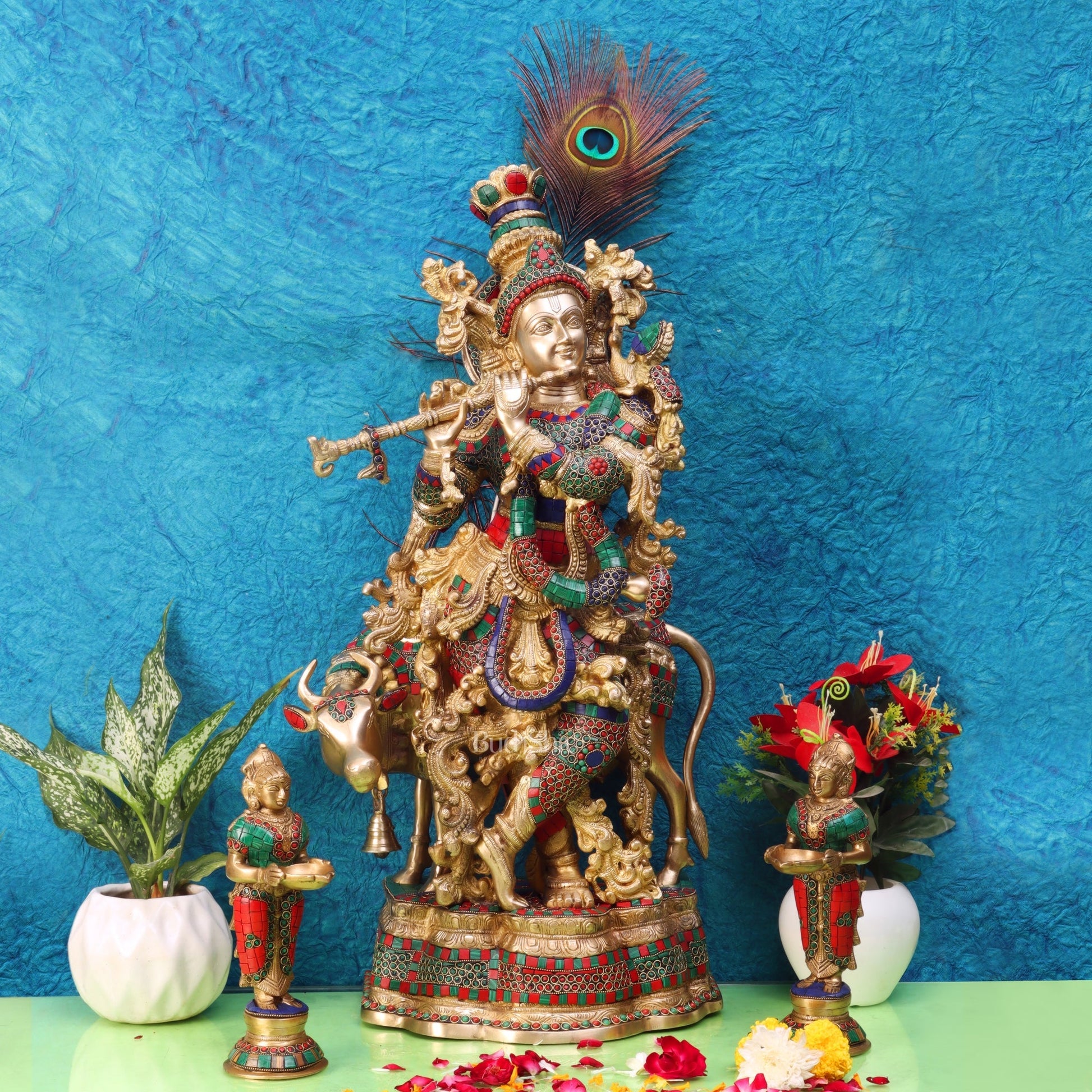 Exquisite Brass Krishna with Cow Idol - Meenakari, 26.5" Tall, 26kg