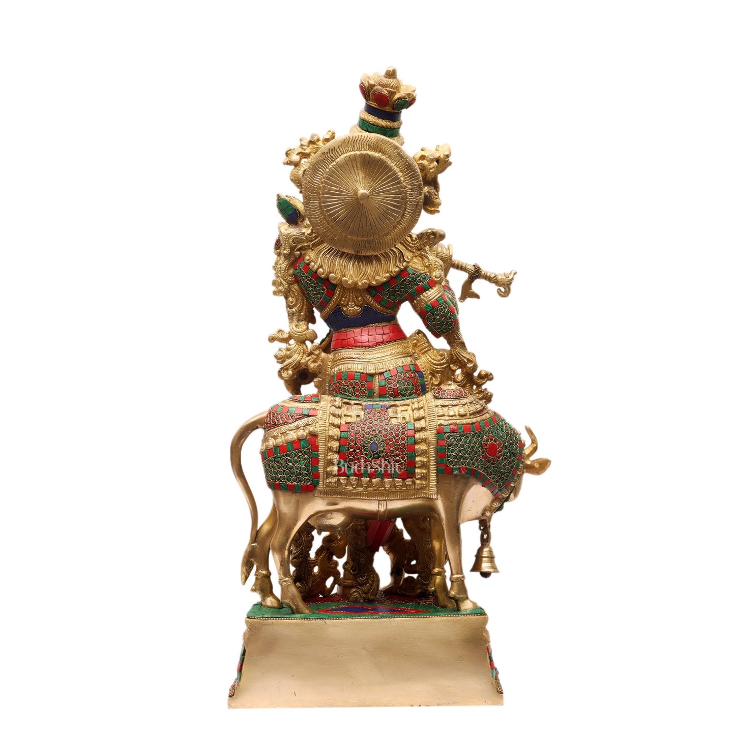 Exquisite Brass Krishna with Cow Idol - Meenakari, 26.5" Tall, 26kg