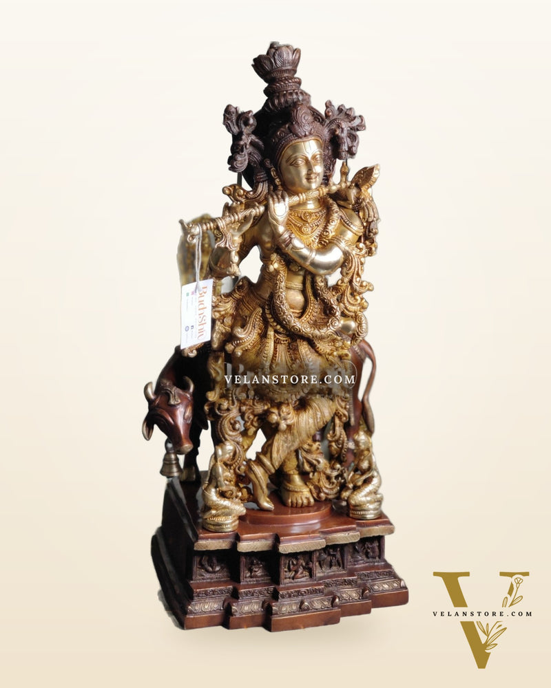 Divine Krishna with cow Brass Idol duel tone 29 inch
