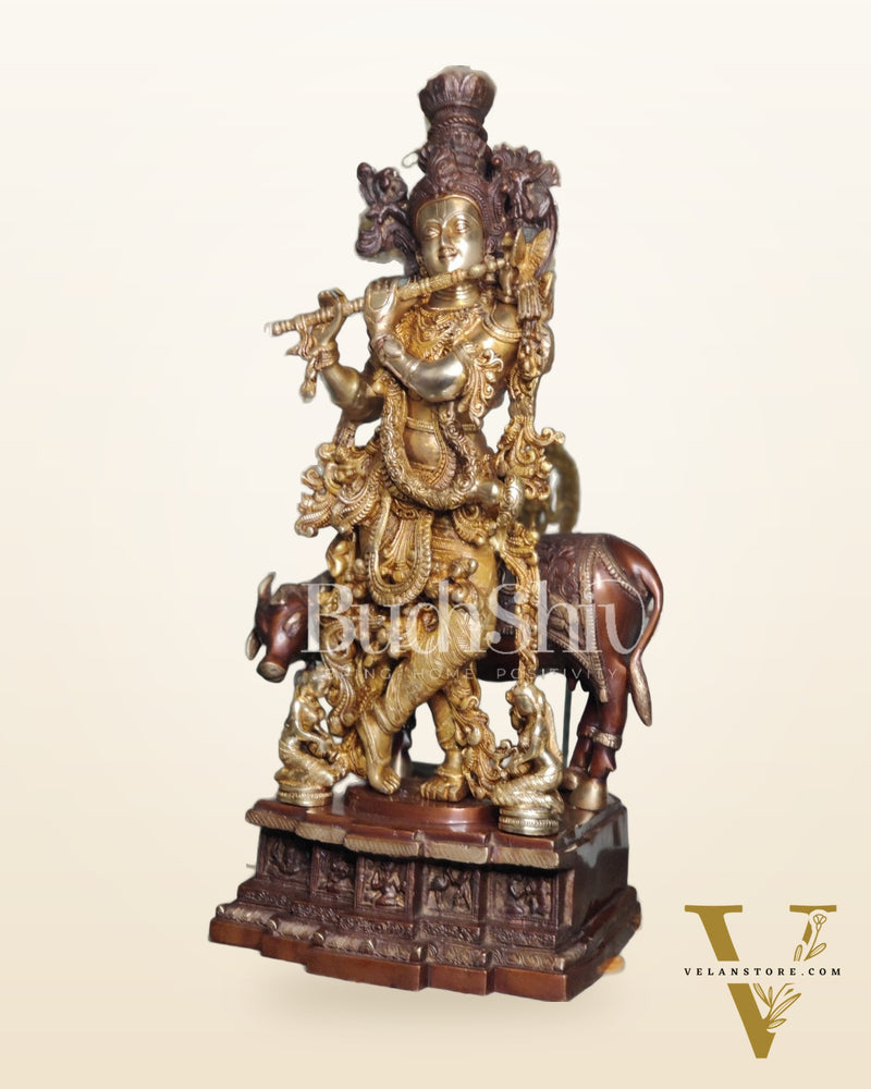 Divine Krishna with cow Brass Idol duel tone 29 inch