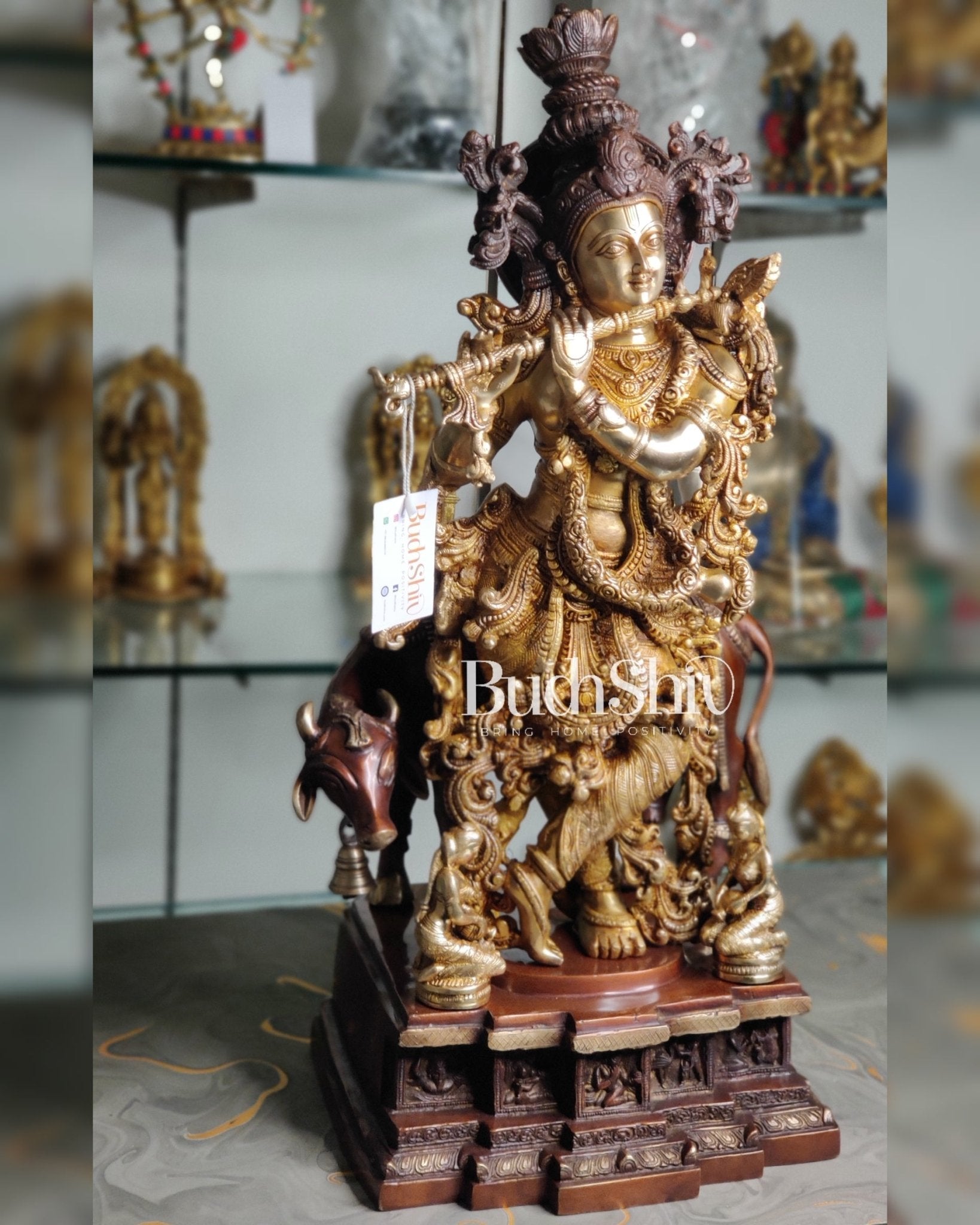 Divine Krishna with cow Brass Idol duel tone 29 inch