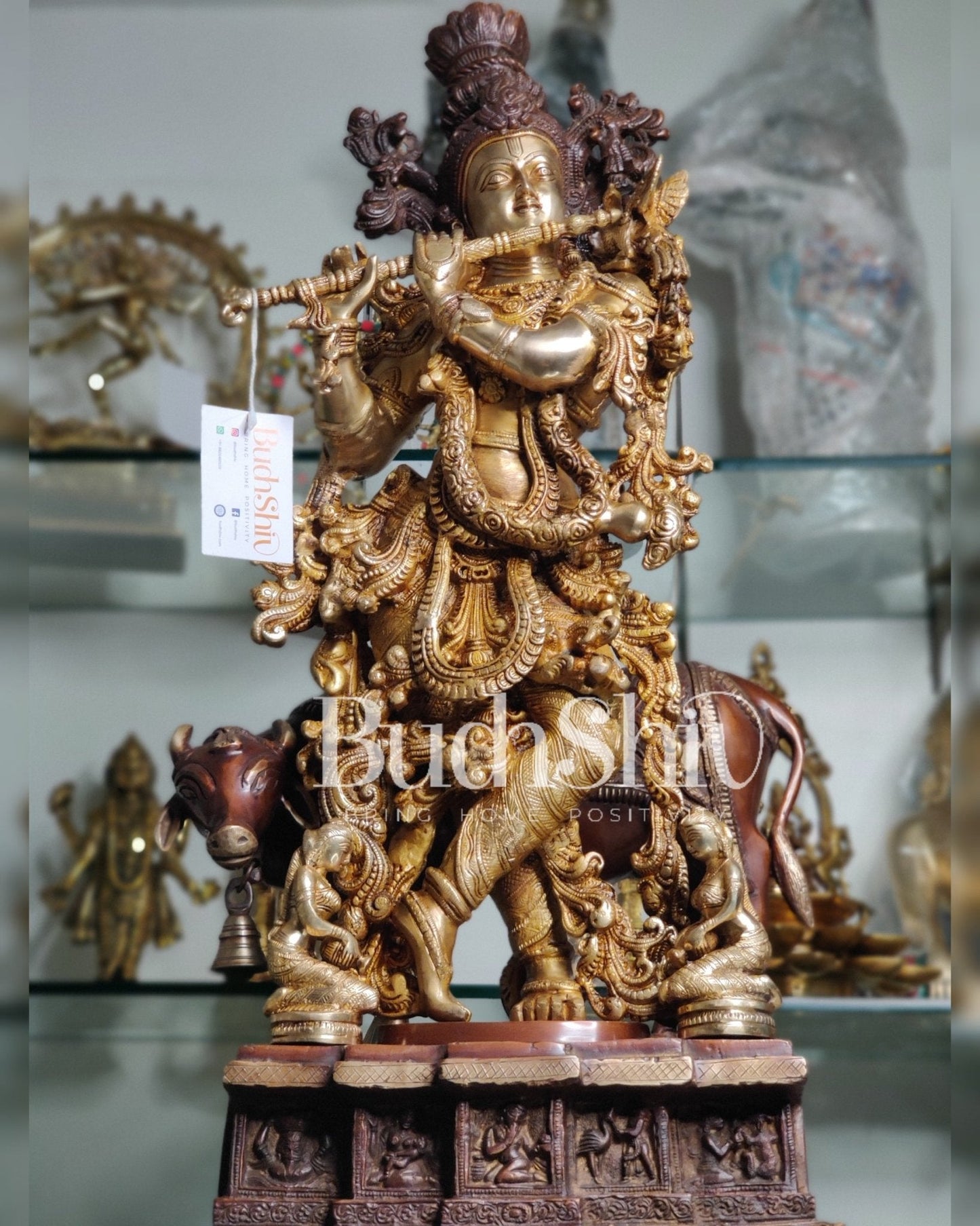 Divine Krishna with cow Brass Idol duel tone 29 inch