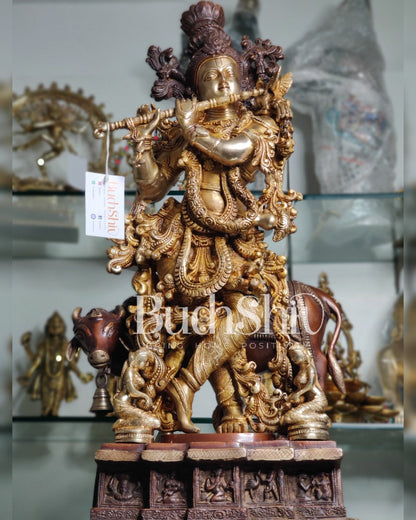 Divine Krishna with cow Brass Idol duel tone 29 inch
