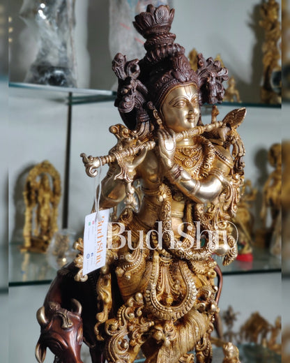 Divine Krishna with cow Brass Idol duel tone 29 inch