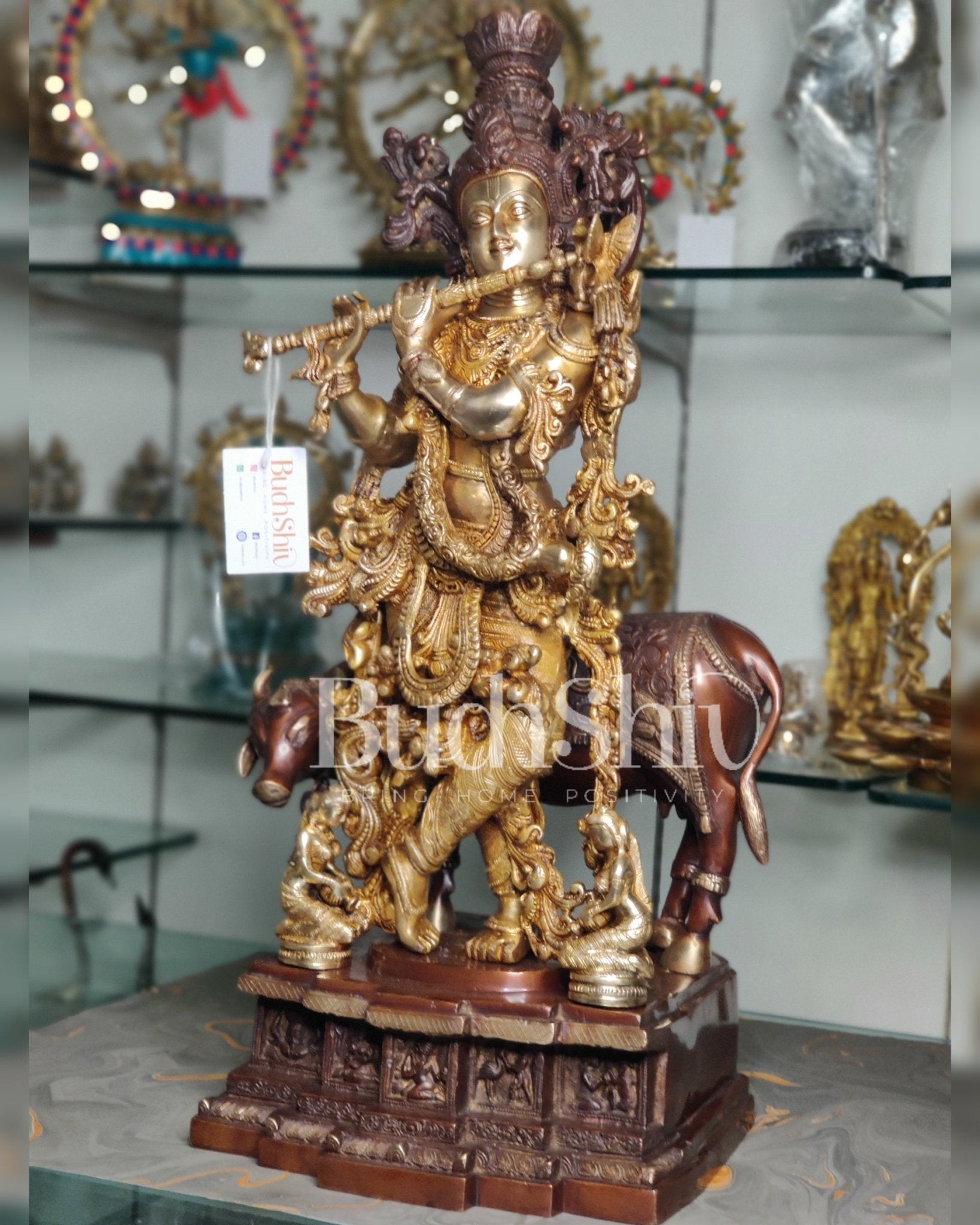 Divine Krishna with cow Brass Idol duel tone 29 inch