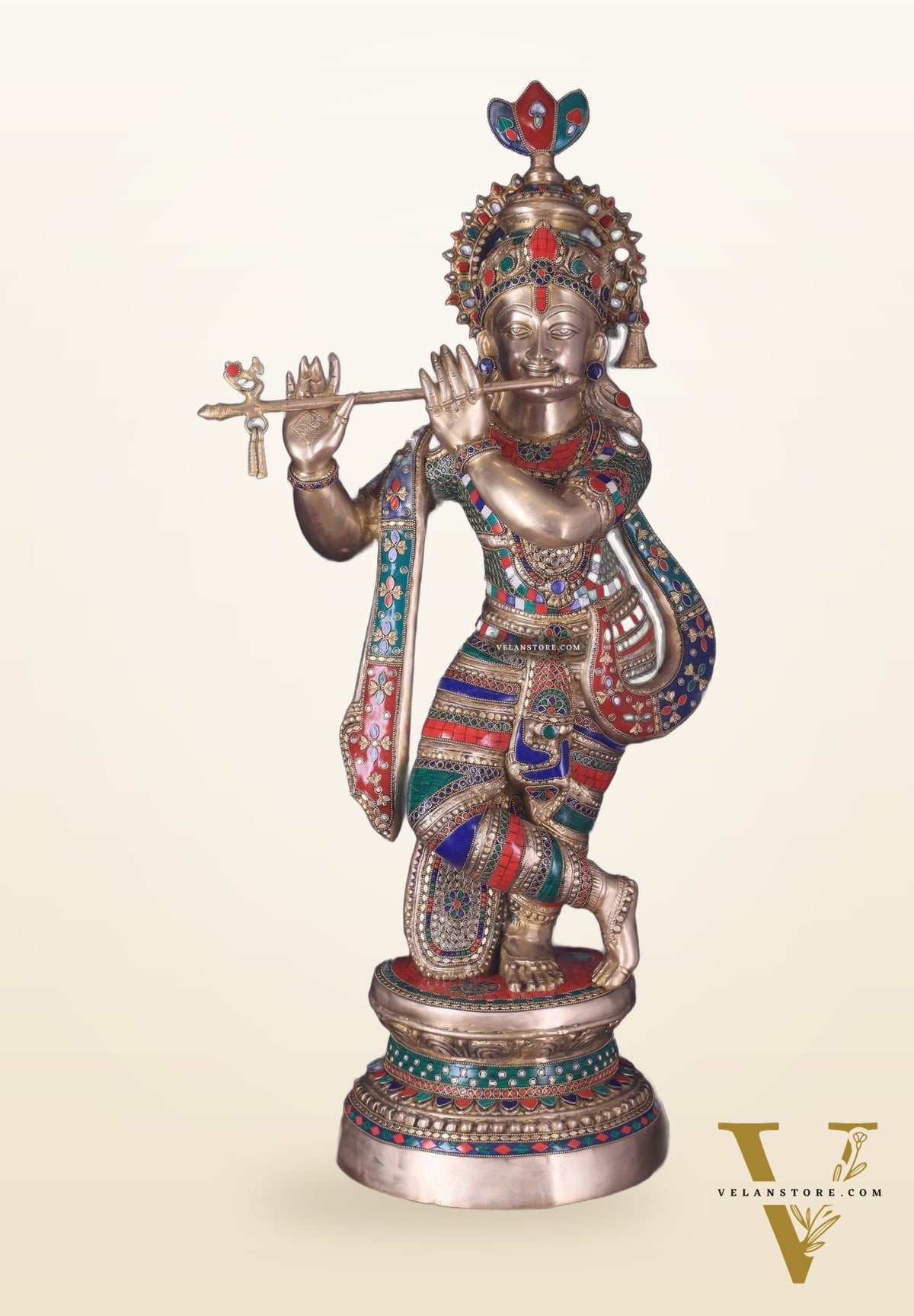 Divine Large brass Lord Krishna Statue - 36 inch with stonework