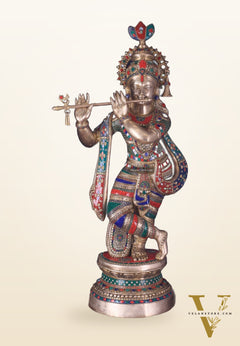 Divine Large brass Lord Krishna Statue - 36 inch with stonework