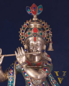 Divine Large brass Lord Krishna Statue - 36 inch with stonework