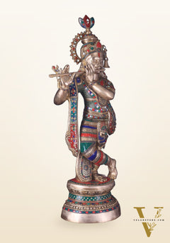 Divine Large brass Lord Krishna Statue - 36 inch with stonework