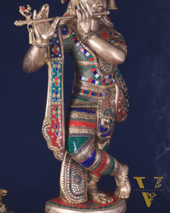 Divine Large brass Lord Krishna Statue - 36 inch with stonework