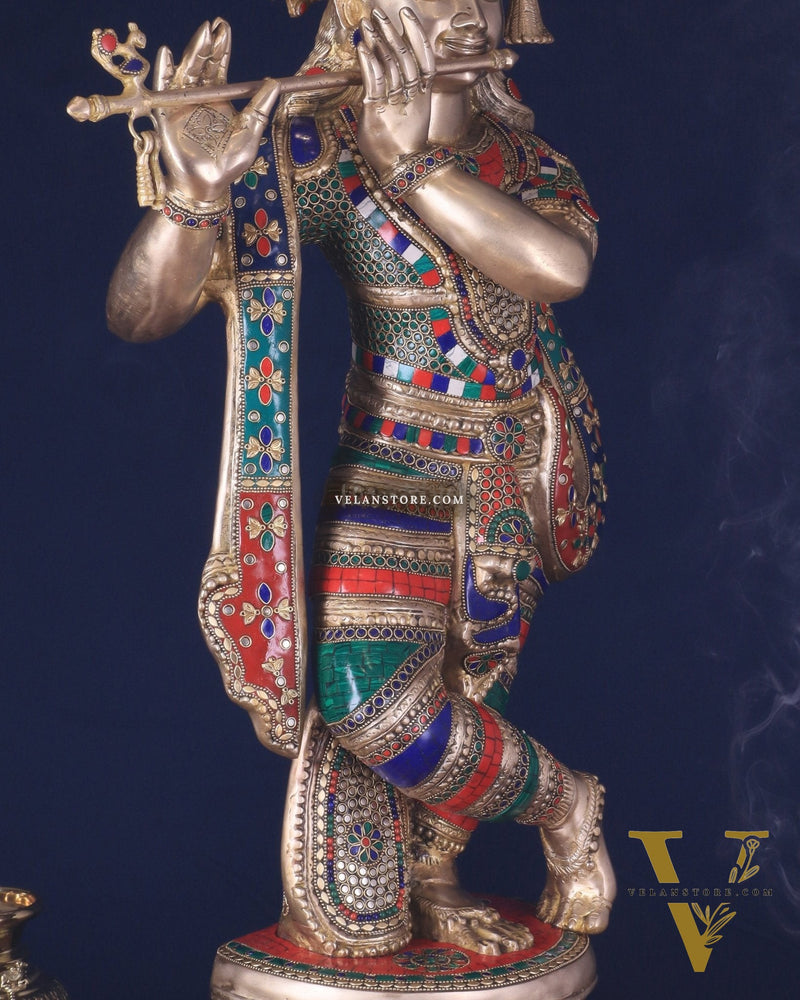 Divine Large brass Lord Krishna Statue - 36 inch with stonework