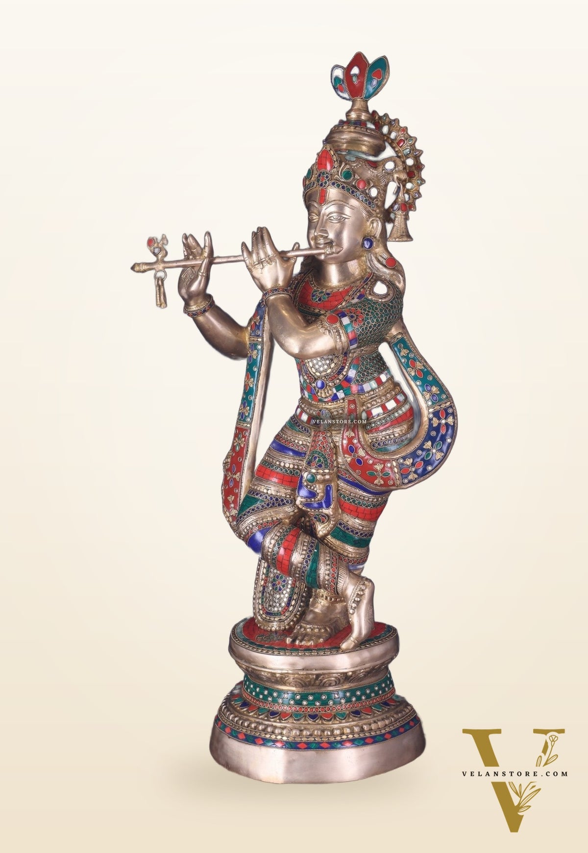 Divine Large brass Lord Krishna Statue - 36 inch with stonework