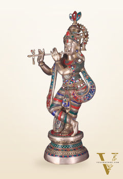 Divine Large brass Lord Krishna Statue - 36 inch with stonework