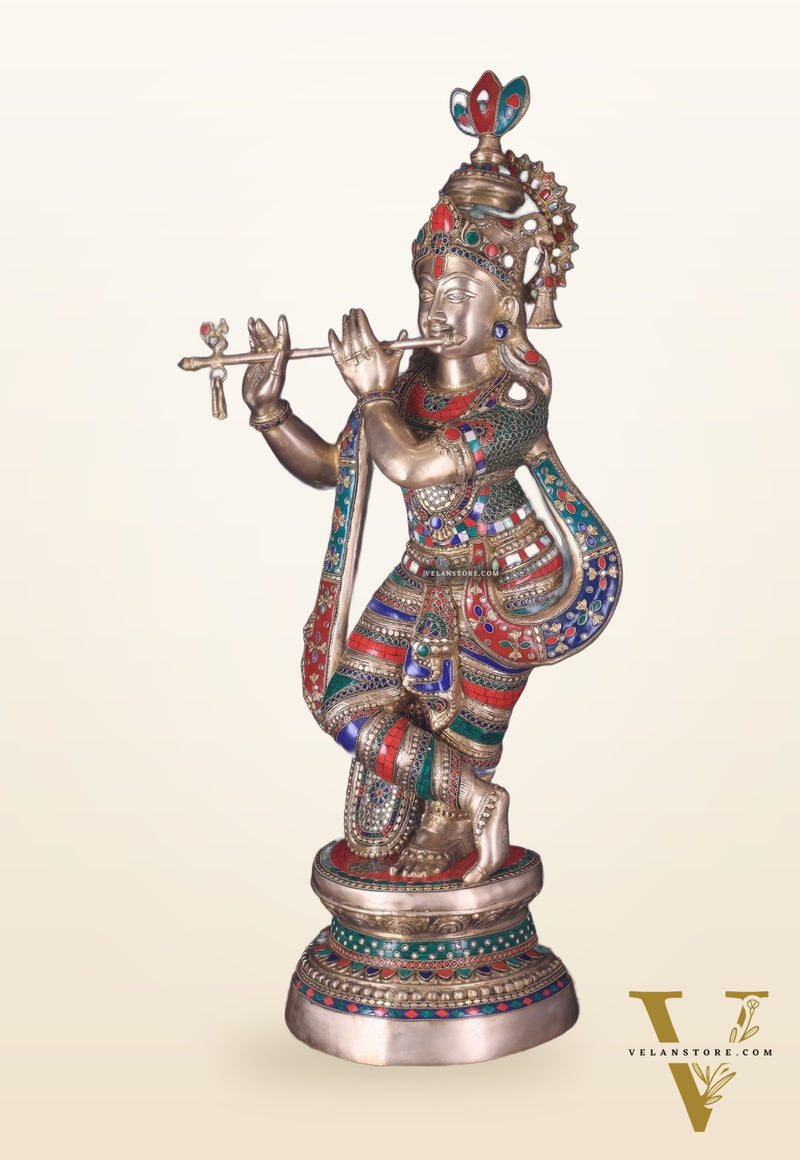 Divine Large brass Lord Krishna Statue - 36 inch with stonework