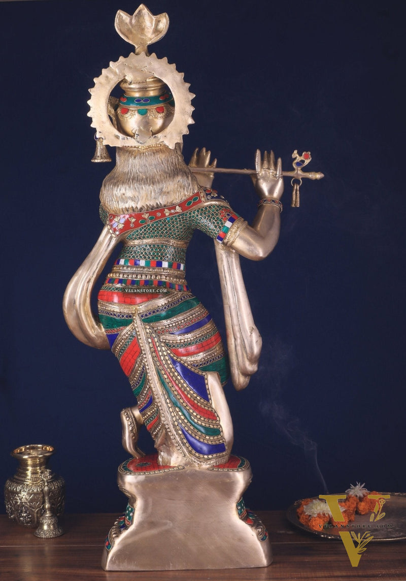 Divine Large brass Lord Krishna Statue - 36 inch with stonework