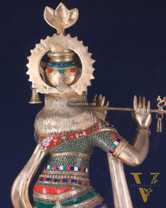Divine Large brass Lord Krishna Statue - 36 inch with stonework