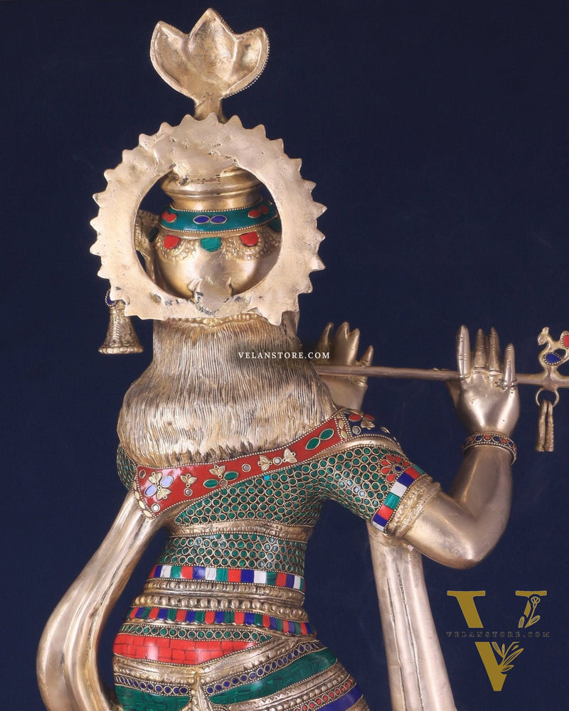 Divine Large brass Lord Krishna Statue - 36 inch with stonework