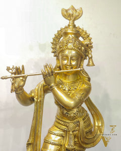 Divine Large Sized Lord Krishna Statue | Matte Brass Finish 3 feet