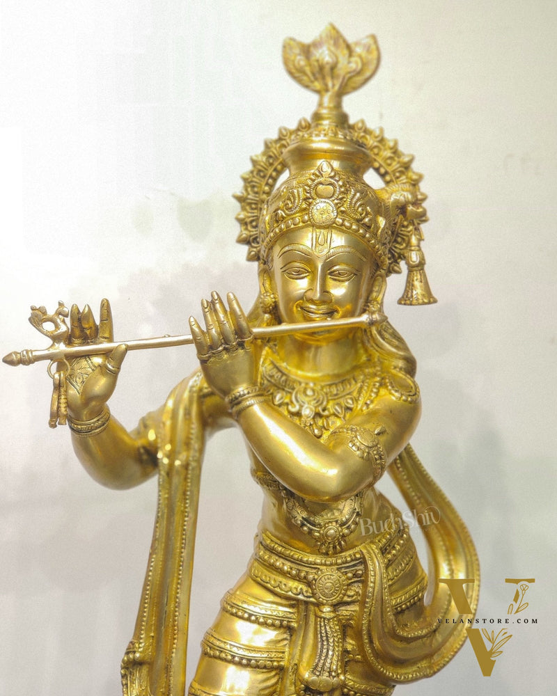 Divine Large Sized Lord Krishna Statue | Matte Brass Finish 3 feet