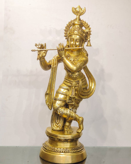 Divine Large Sized Lord Krishna Statue | Matte Brass Finish 3 feet