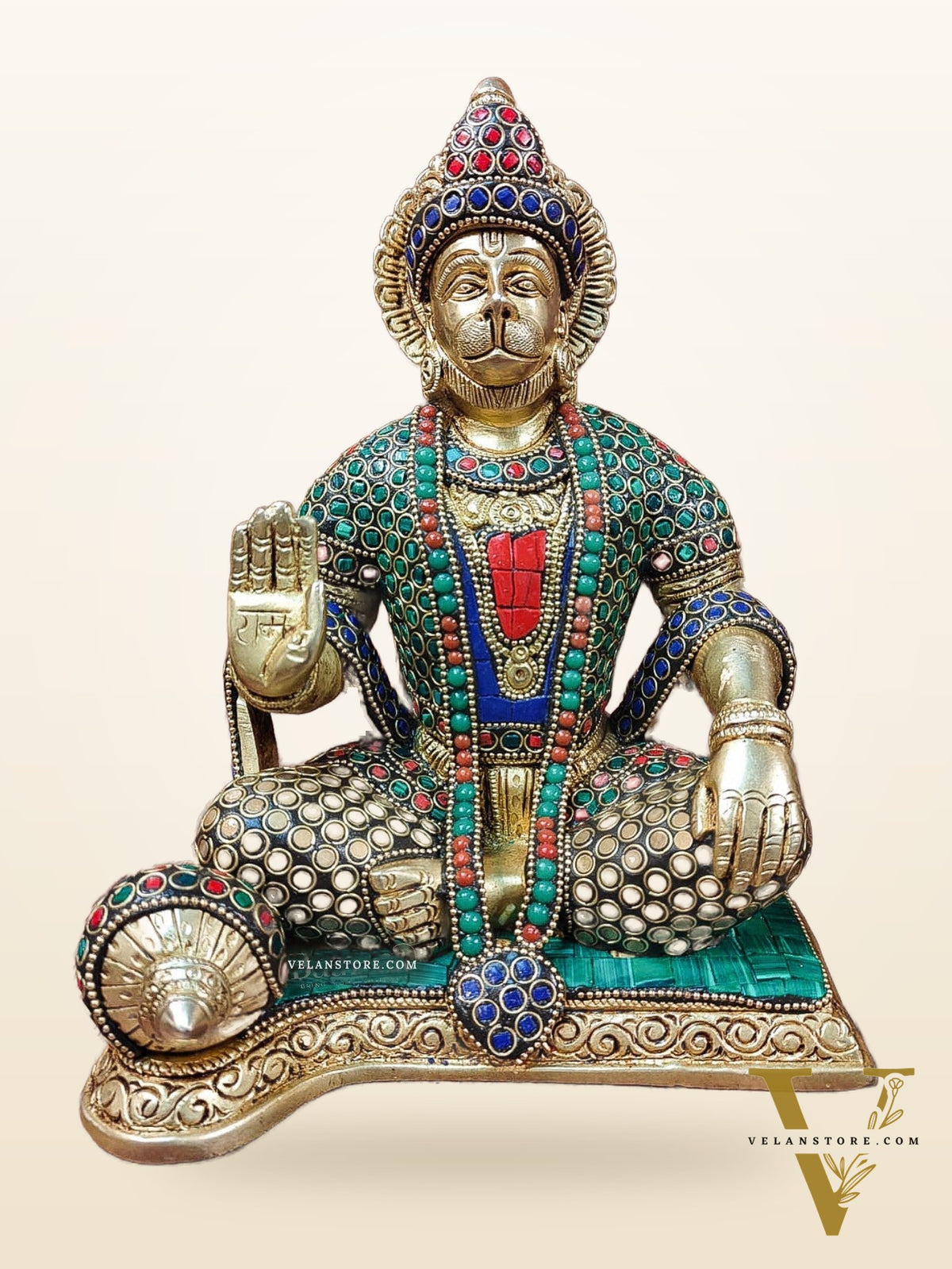 Divine Lord Hanuman Brass Idol 9.5" Tall | Meenakari Stonework