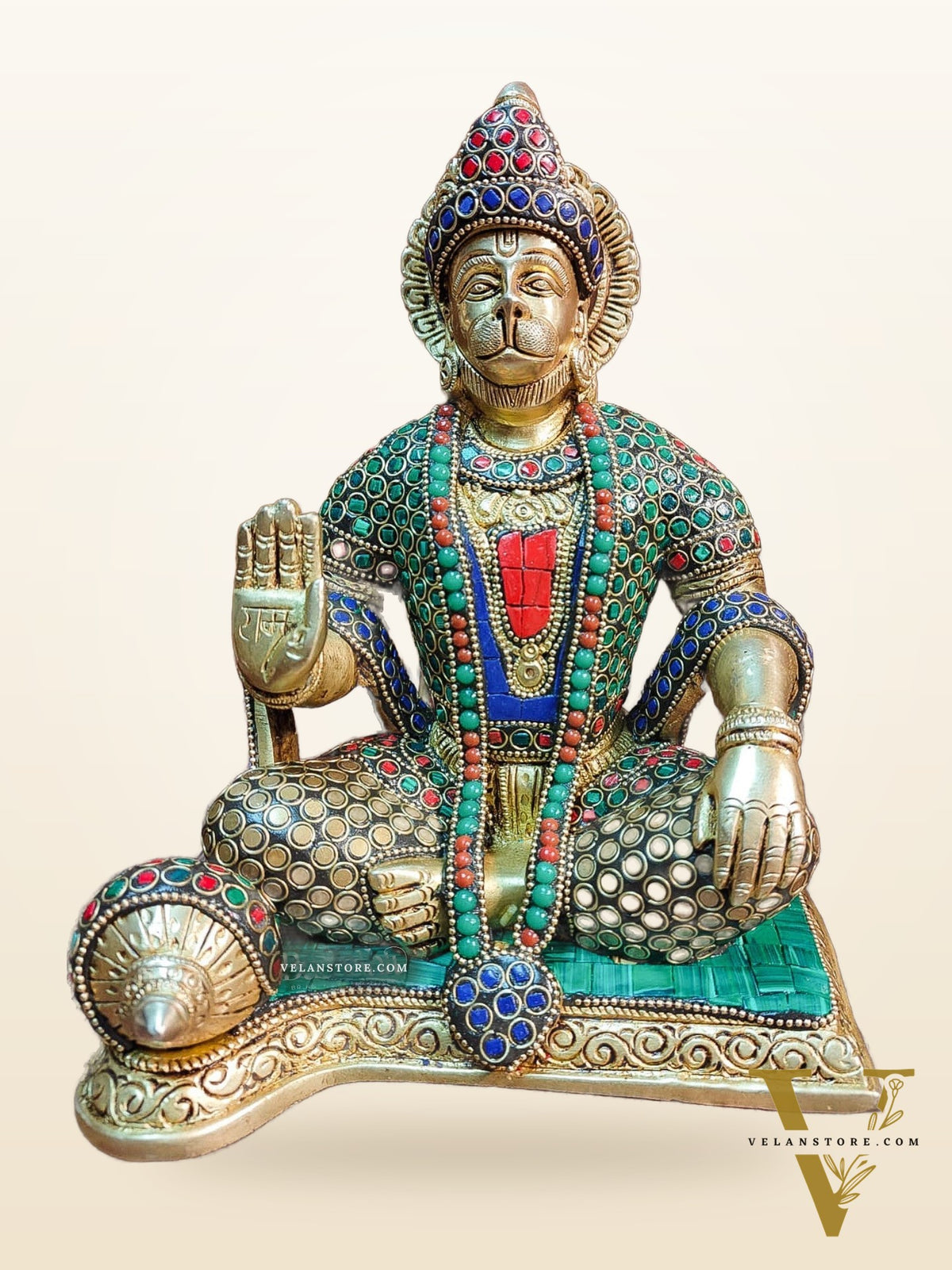 Divine Lord Hanuman Brass Idol 9.5" Tall | Meenakari Stonework