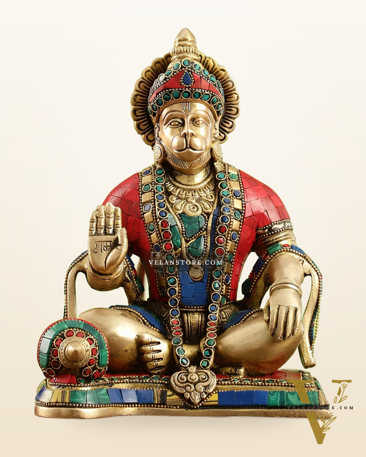 Divine Lord Hanuman Brass Idol 9.5" Tall | Meenakari Stonework