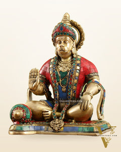 Divine Lord Hanuman Brass Idol 9.5" Tall | Meenakari Stonework