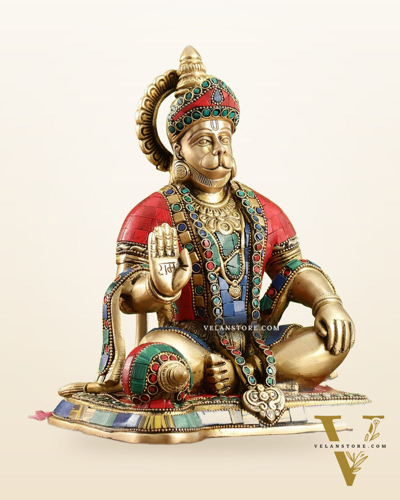 Divine Lord Hanuman Brass Idol 9.5" Tall | Meenakari Stonework