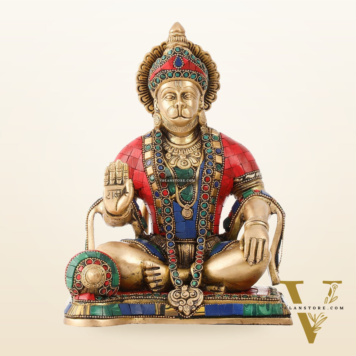 Divine Lord Hanuman Brass Idol 9.5" Tall | Meenakari Stonework