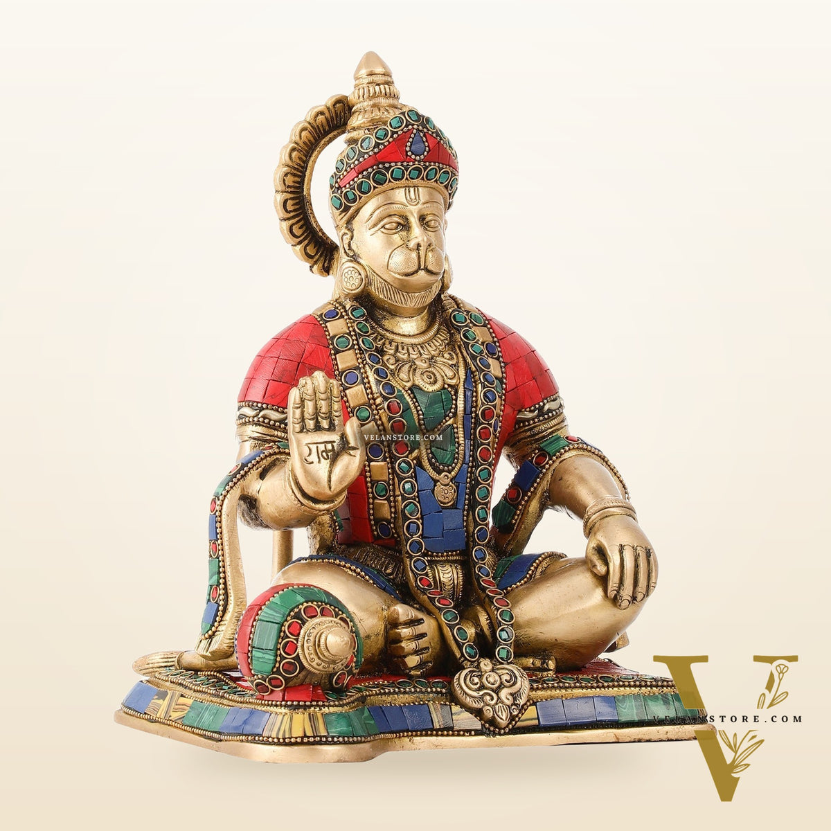 Divine Lord Hanuman Brass Idol 9.5" Tall | Meenakari Stonework
