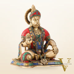 Divine Lord Hanuman Brass Idol 9.5" Tall | Meenakari Stonework