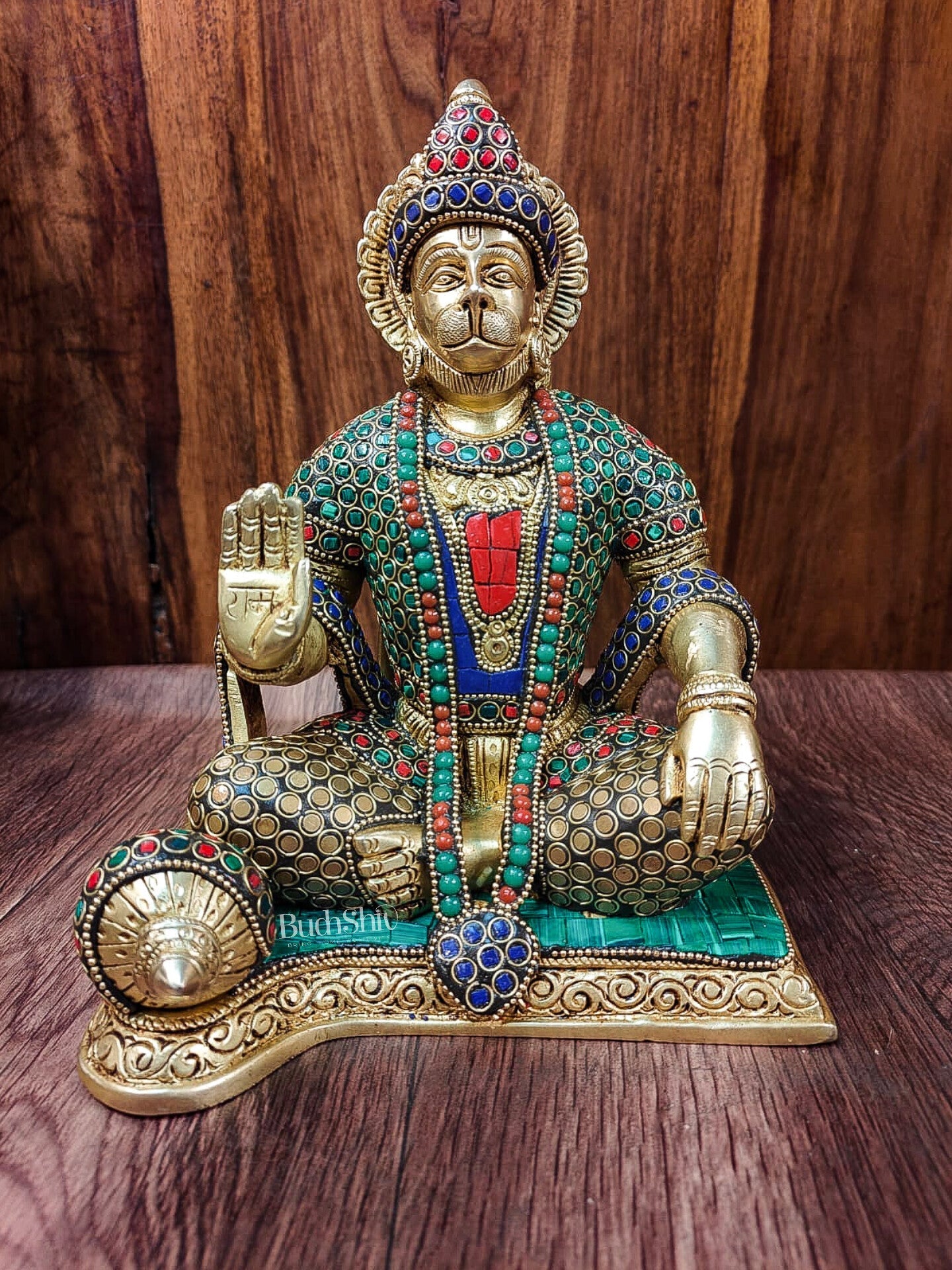 Divine Lord Hanuman Brass Idol 9.5" Tall | Meenakari Stonework