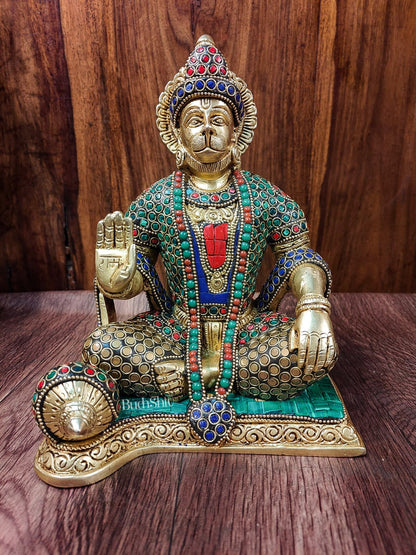 Divine Lord Hanuman Brass Idol 9.5" Tall | Meenakari Stonework