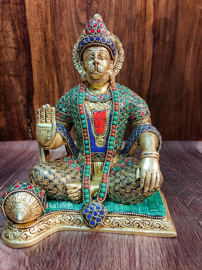 Divine Lord Hanuman Brass Idol 9.5" Tall | Meenakari Stonework