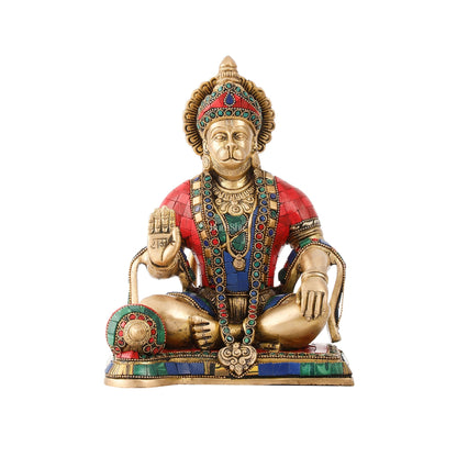 Divine Lord Hanuman Brass Idol 9.5" Tall | Meenakari Stonework