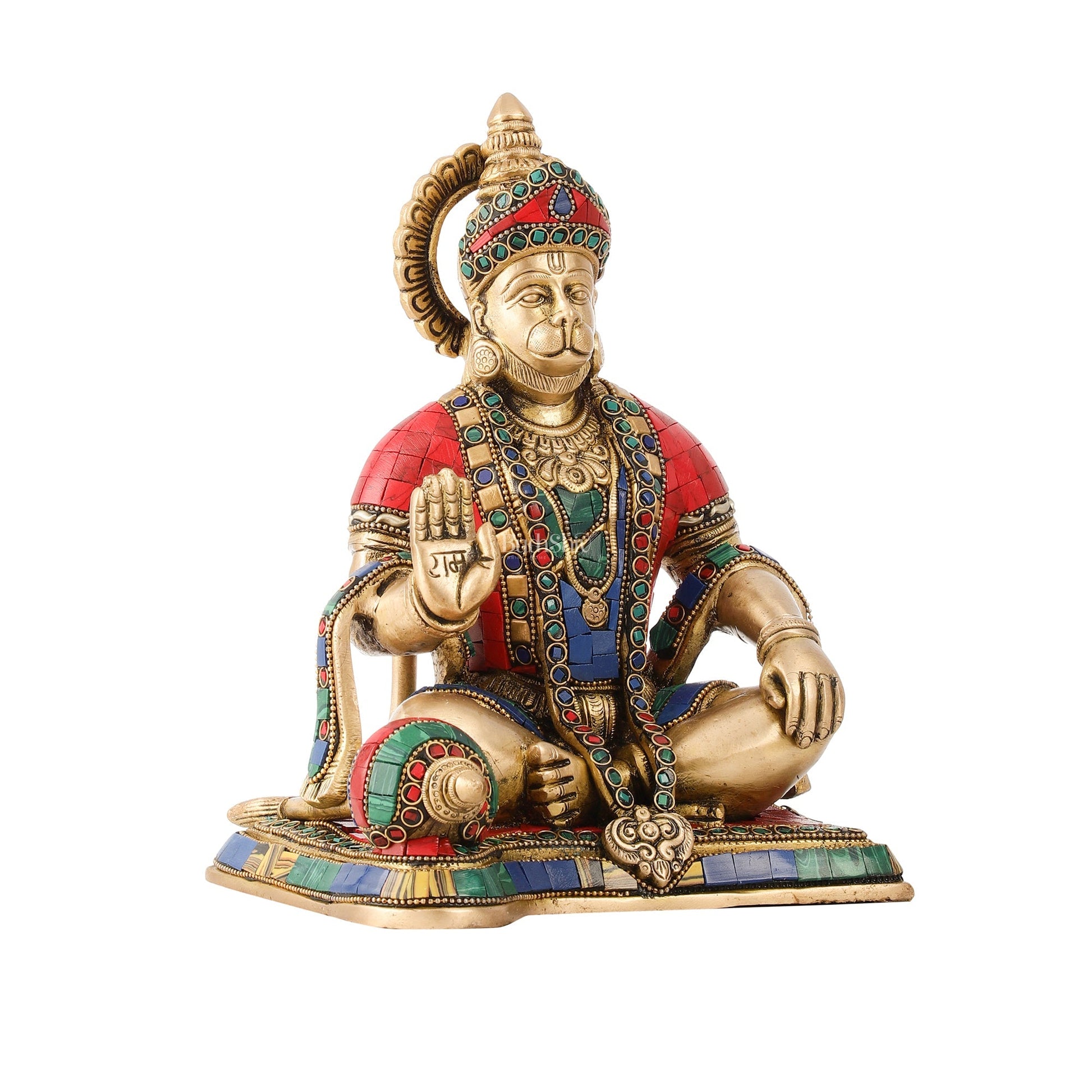 Divine Lord Hanuman Brass Idol 9.5" Tall | Meenakari Stonework