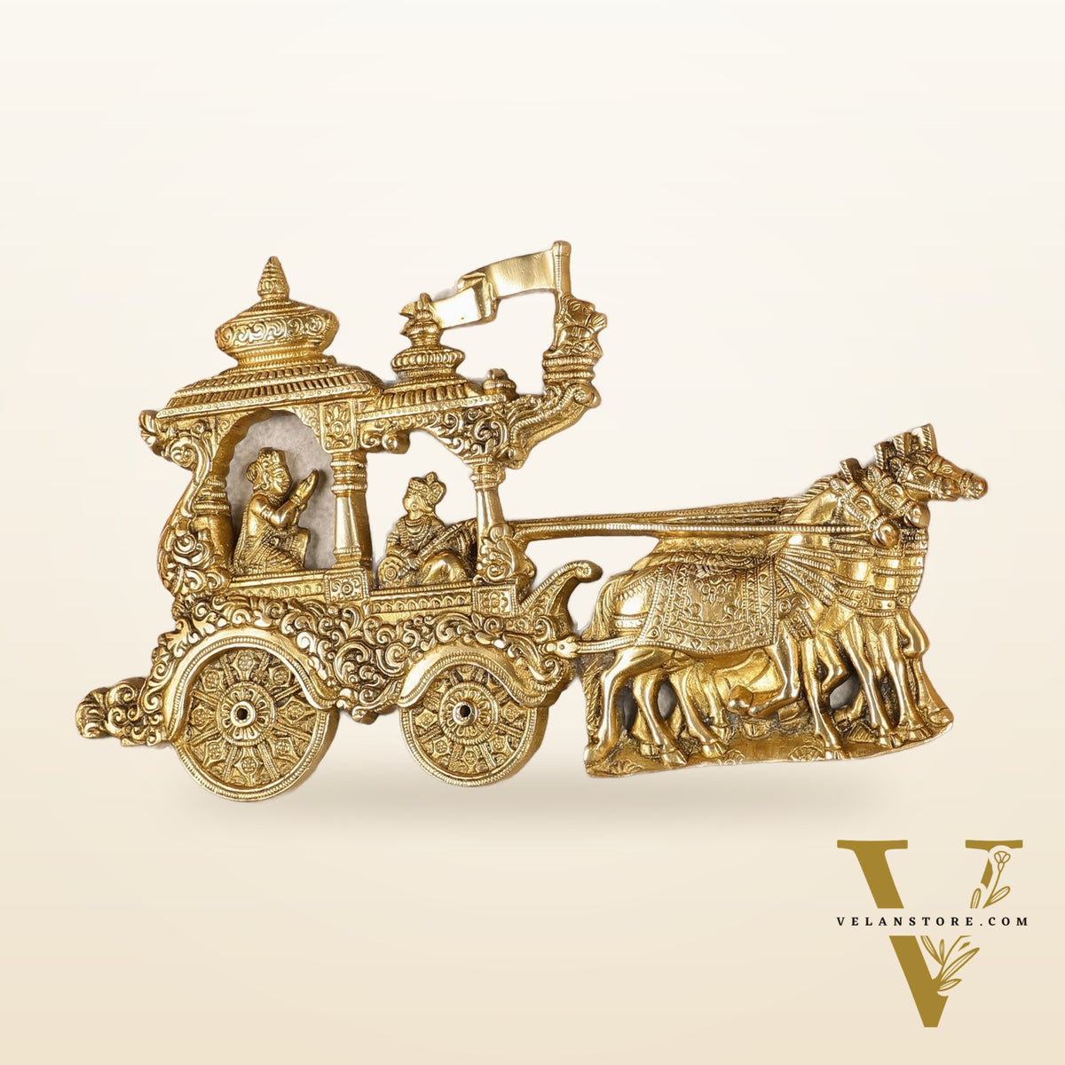 Divine Pure Brass Gita Updesh Arjuna Rath with Lord Krishna Wall Hanging Mural 13"