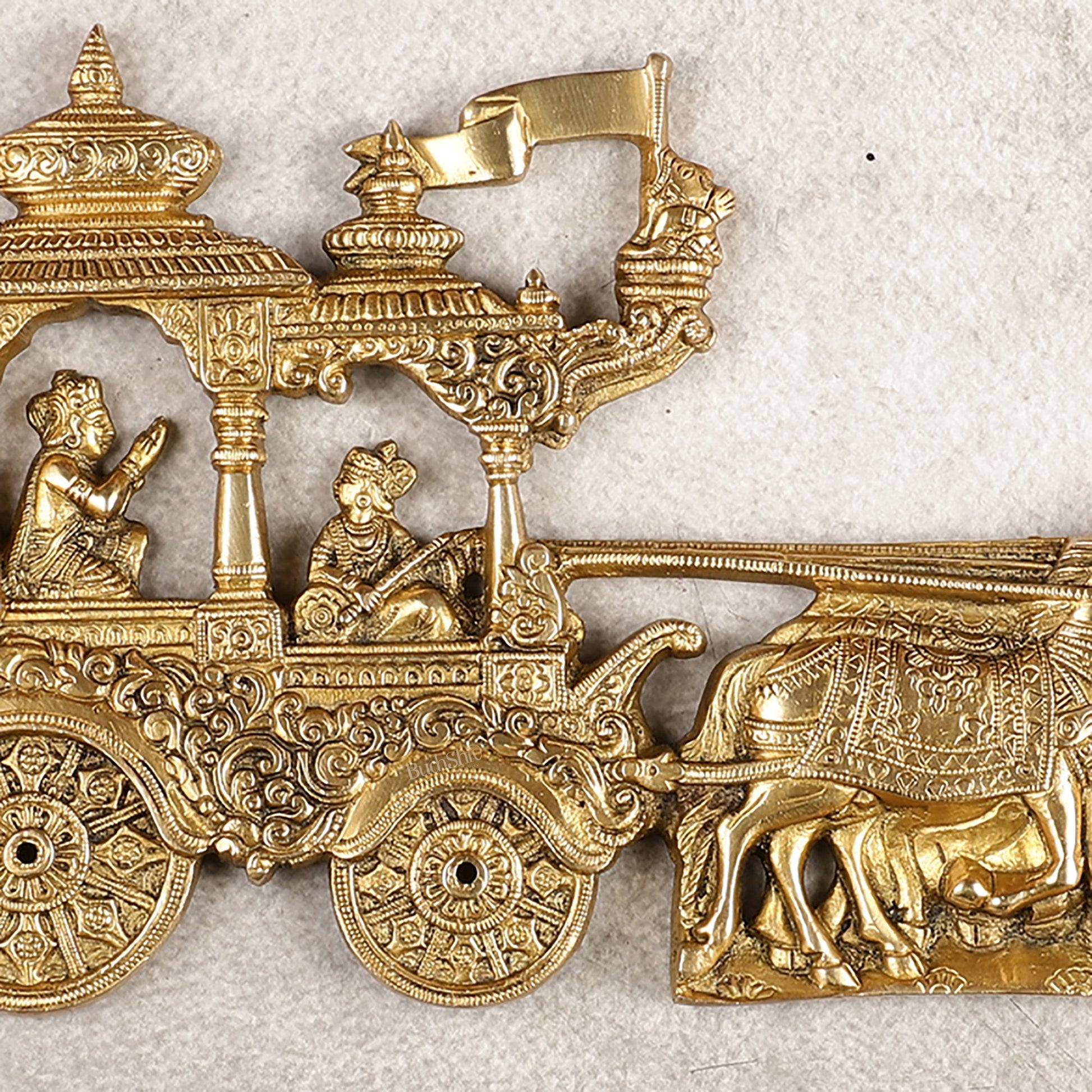 Divine Pure Brass Gita Updesh Arjuna Rath with Lord Krishna Wall Hanging Mural 13"