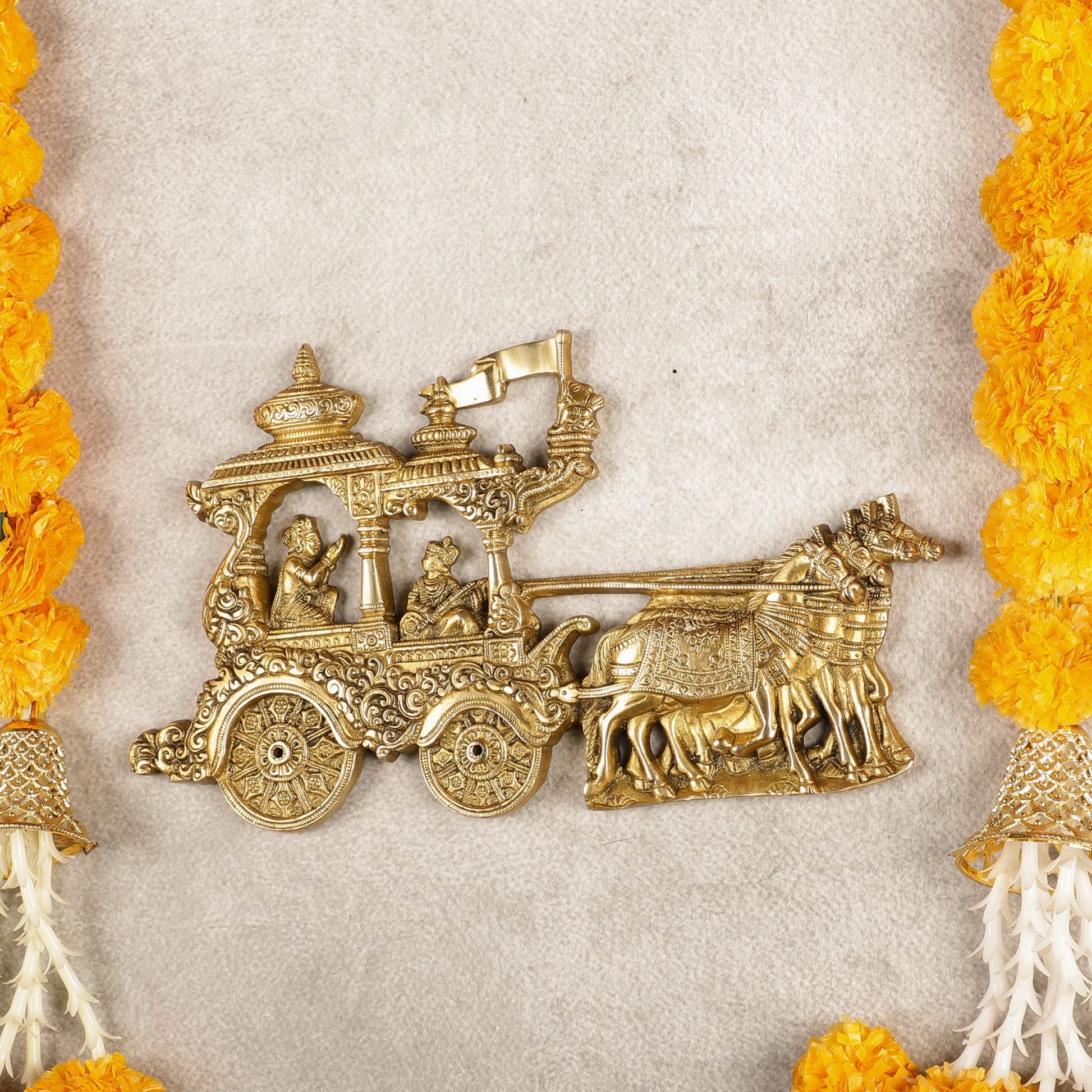 Divine Pure Brass Gita Updesh Arjuna Rath with Lord Krishna Wall Hanging Mural 13"