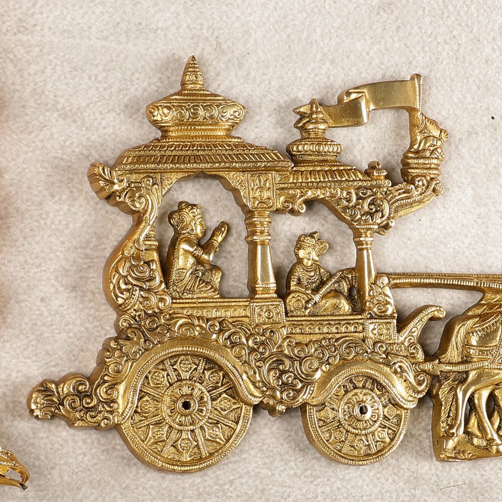 Divine Pure Brass Gita Updesh Arjuna Rath with Lord Krishna Wall Hanging Mural 13"